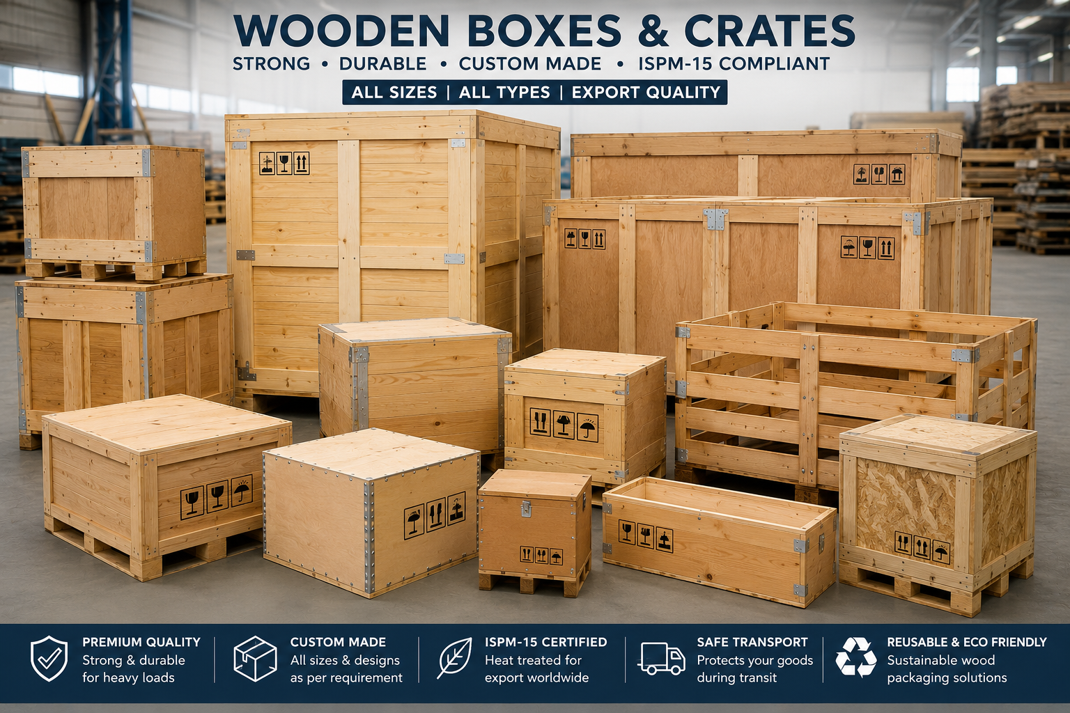 Custom wooden boxes and export crates manufactured in Pakistan for industrial packaging, machinery shipping, warehousing, and international export.