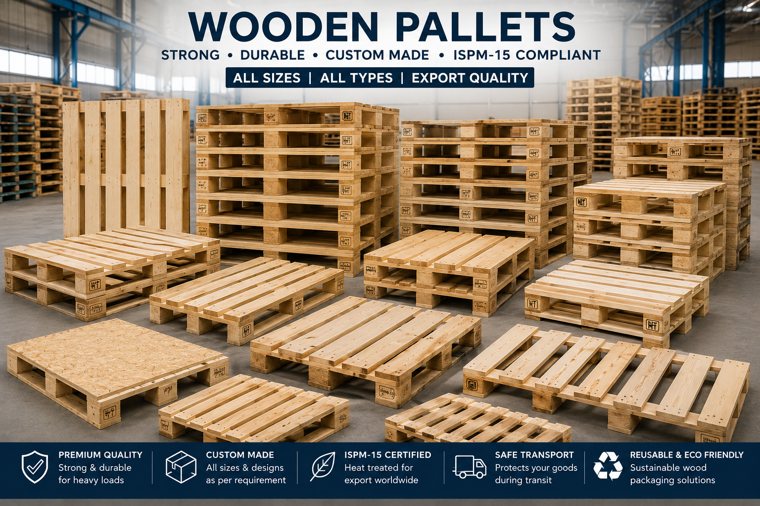 Stacked wooden pallets in a warehouse manufactured for industrial storage, logistics, and export packaging in Pakistan.