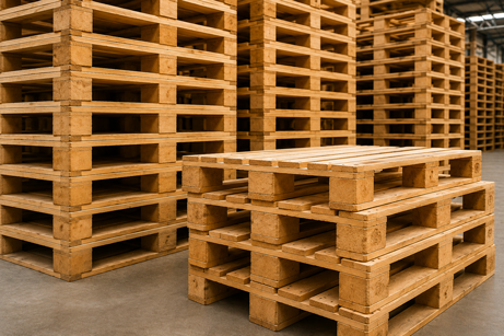 Stacked wooden pallets in a warehouse manufactured for industrial storage, logistics, and export packaging in Pakistan.