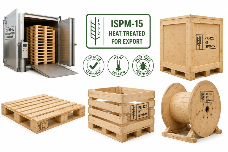 ISPM-15 heat treatment and fumigation process for wooden pallets, export crates and packaging in a professional manufacturing facility in Pakistan.