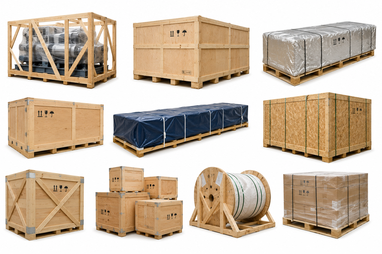 Industrial export seaworthy packaging with ISPM 15 wooden crates, vacuum-wrapped heavy machinery, export pallets, and custom timber packaging for international shipping.