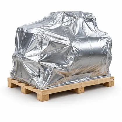 Industrial equipment enclosed in a silver barrier wrap on a timber base. Noble Pallets & Packaging, Pakistan.