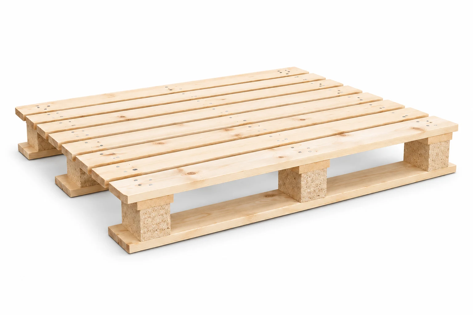 CP1 Wooden Pallet on a white background in a representative product illustration. 1200 x 1000 mm reference. Three separate lower runners. Noble Pallets & Packaging, Pakistan.