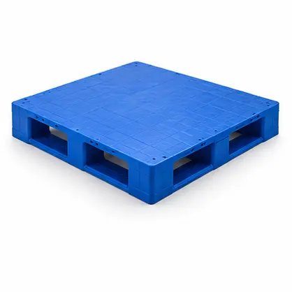 Blue plastic pallet with a covered top deck and fork entry openings
