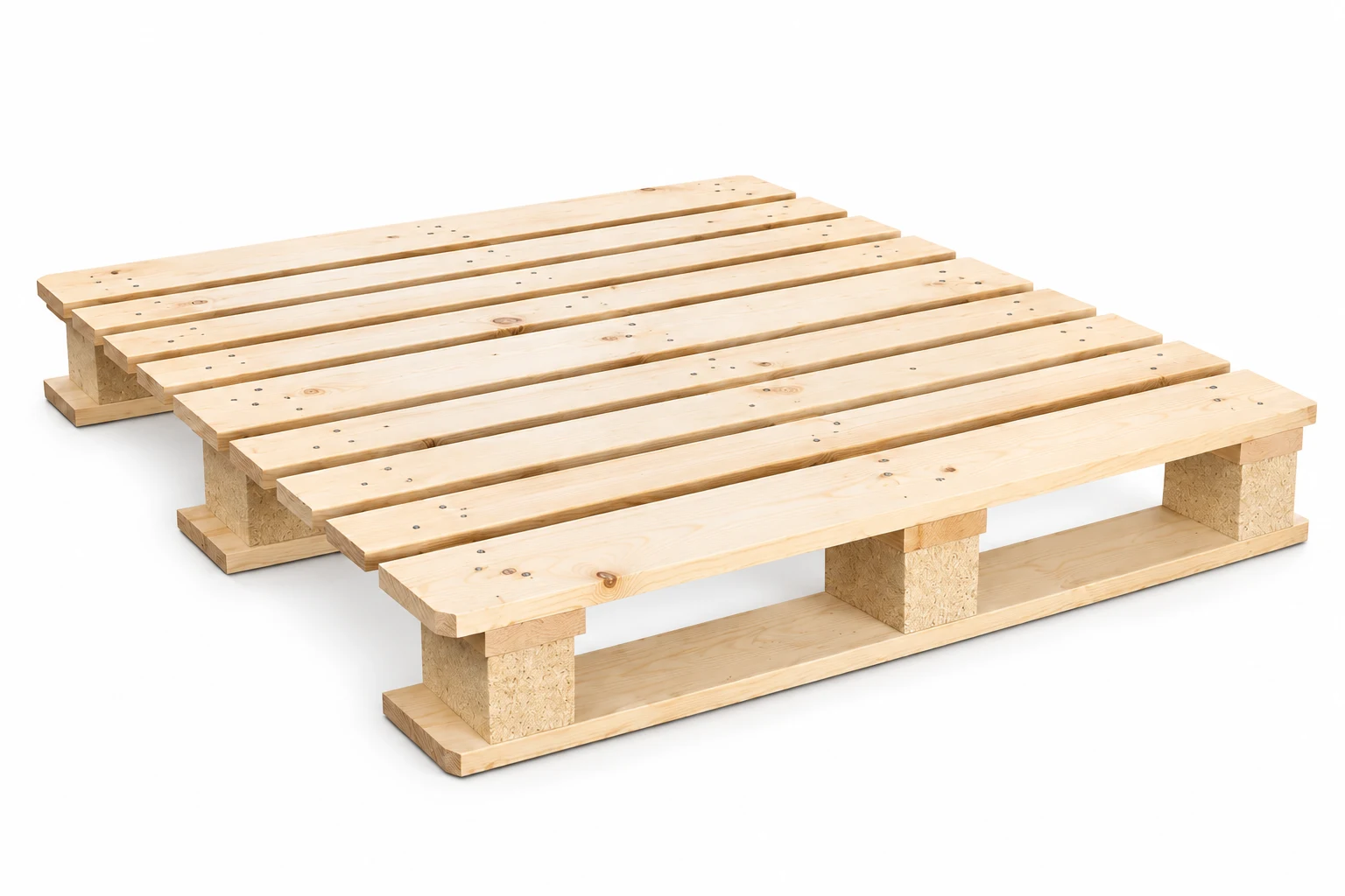 CP3 Wooden Pallet on a white background in a representative product illustration. 1140 x 1140 mm reference. Three separate lower runners.