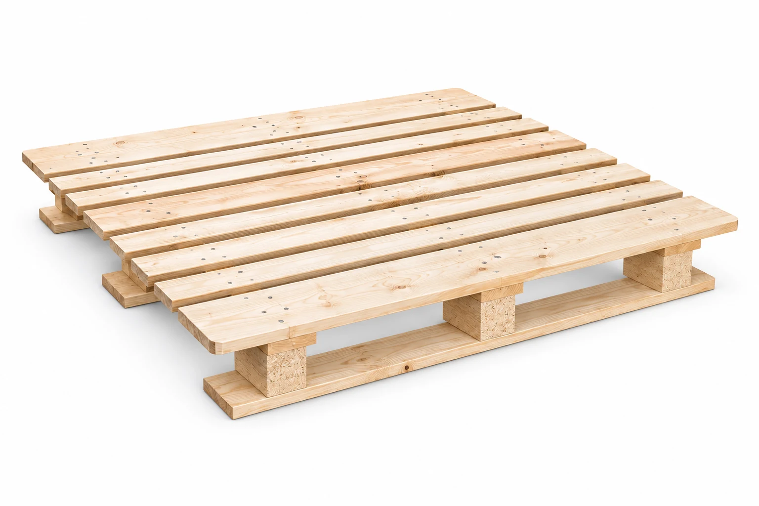 CP4 Wooden Pallet on a white background in a representative product illustration. 1300 x 1100 mm reference. Three separate lower runners.