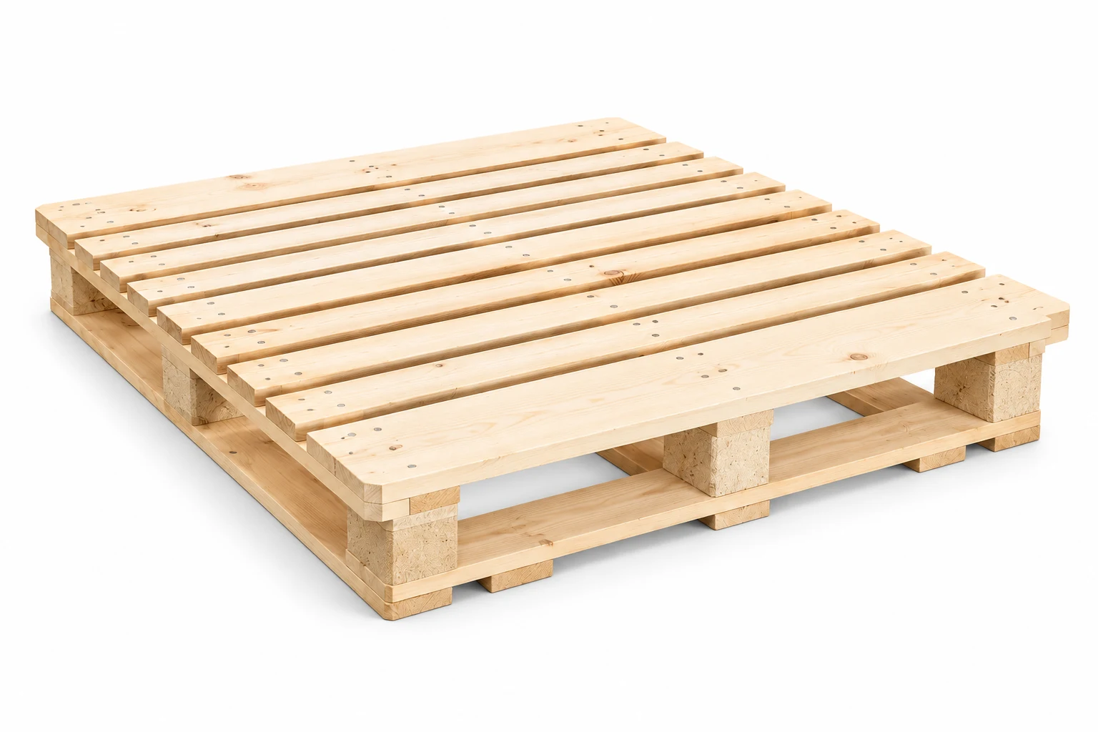 CP7 Wooden Pallet on a white background in a representative product illustration. 1300 x 1100 mm reference. Connected perimeter base.