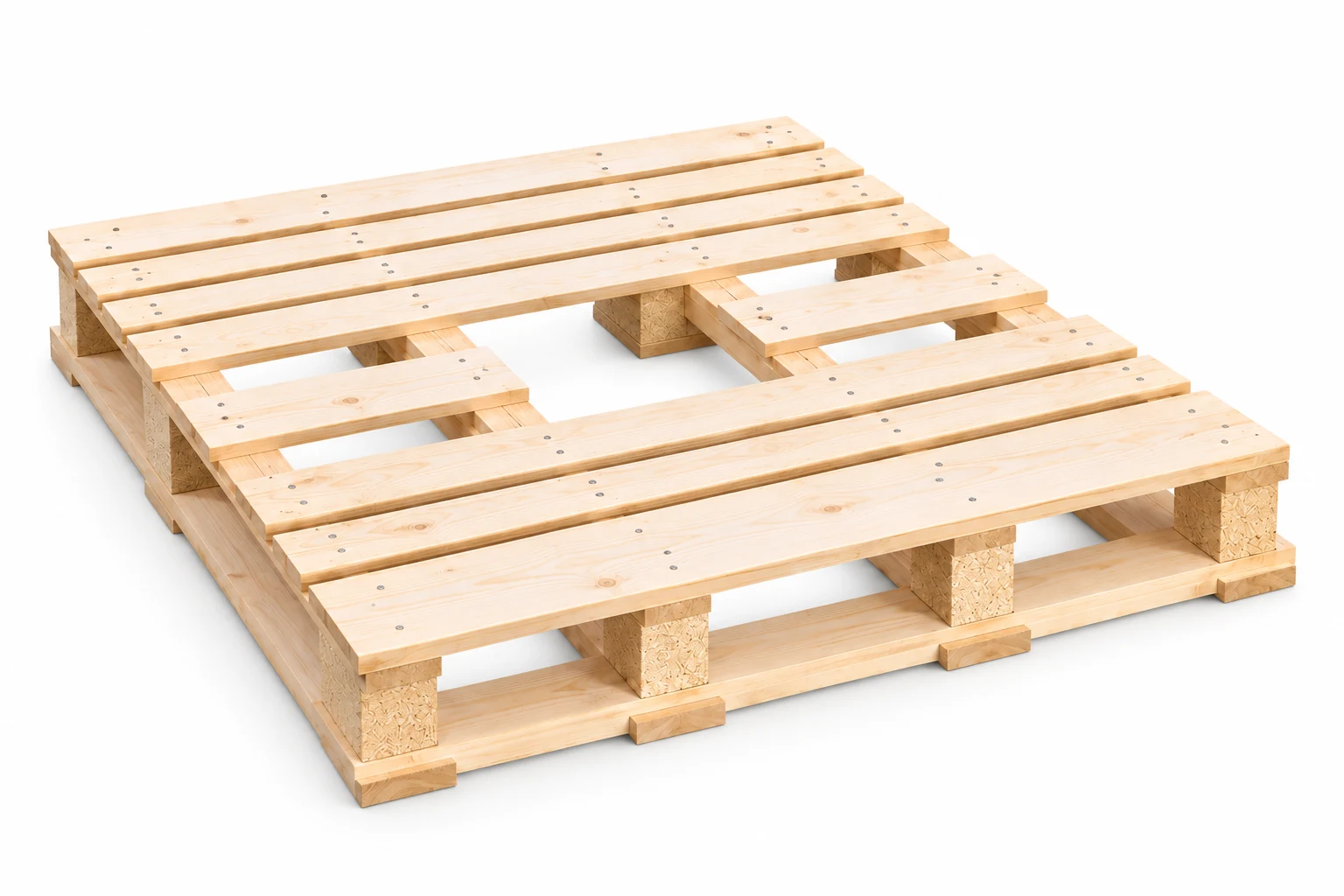 CP8 Wooden Pallet on a white background in a representative product illustration. 1140 x 1140 mm reference. Connected perimeter base; central discharge opening.