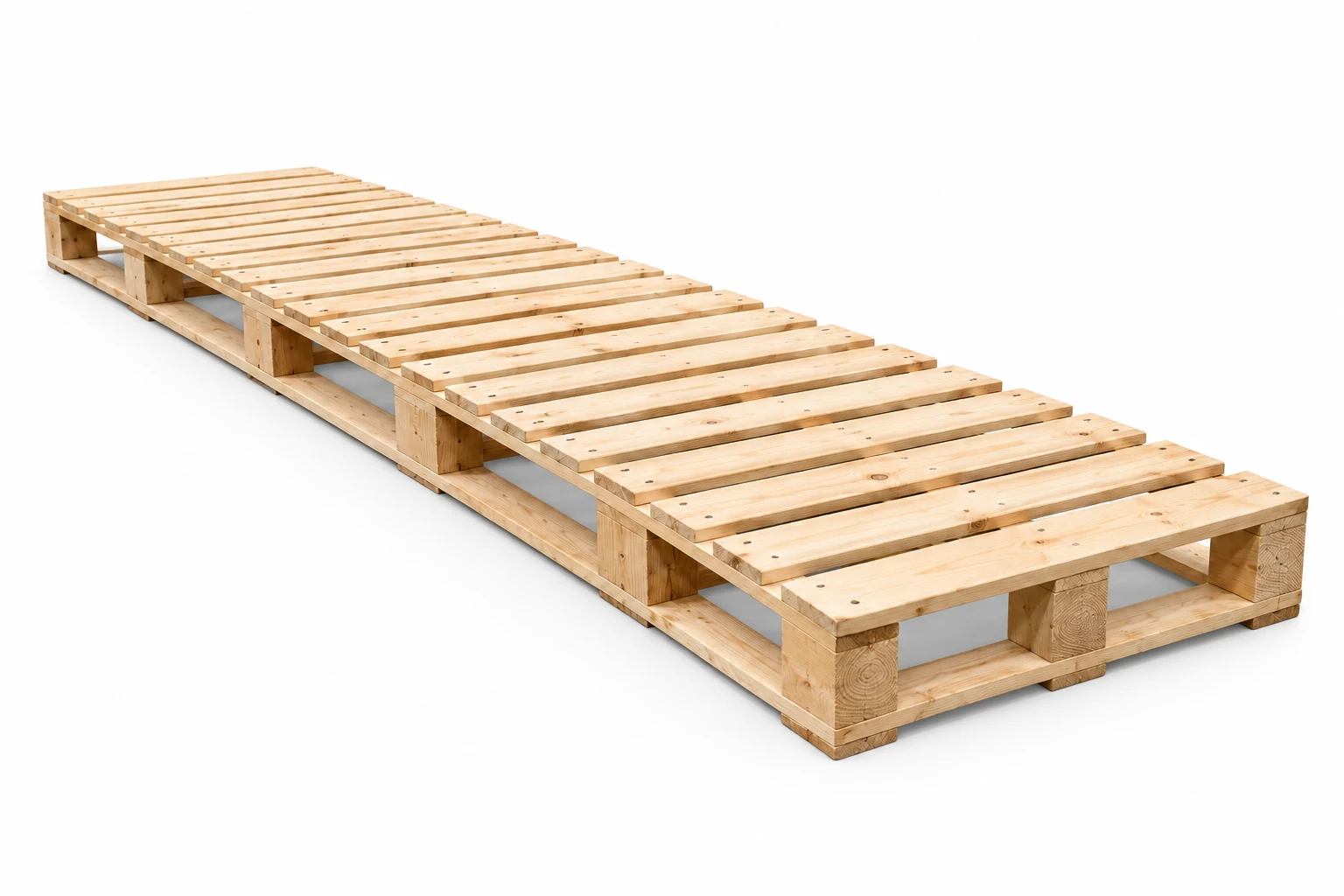 Custom-Size Wooden Pallets on a white background in a representative product illustration. Long rectangular footprint illustrates a custom-size order. Noble Pallets & Packaging, Pakistan.