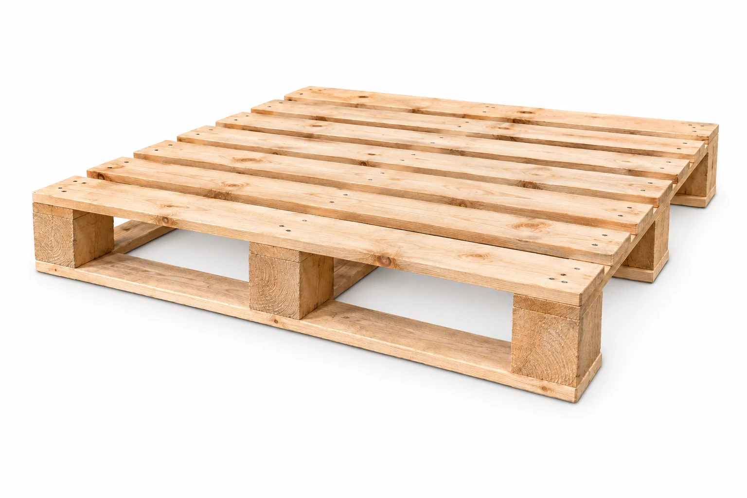 Double-Deck Wooden Pallets on a white background in a representative product illustration. Upper deck and a different lower base arrangement. Noble Pallets & Packaging, Pakistan.