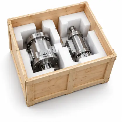 Metal components separated by cushioning inside a wooden packing case. Noble Pallets & Packaging, Pakistan.