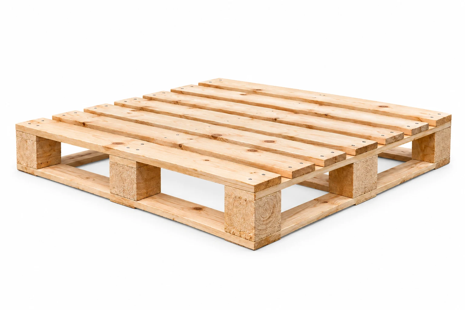 Four-Way Entry Wooden Pallets on a white background in a representative product illustration. Block supports leave openings on adjacent sides. Noble Pallets & Packaging, Pakistan.