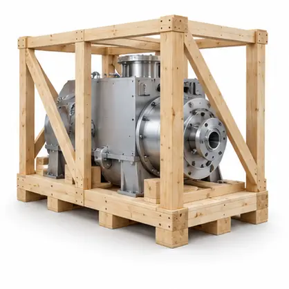 Machinery supported inside a braced timber packing frame