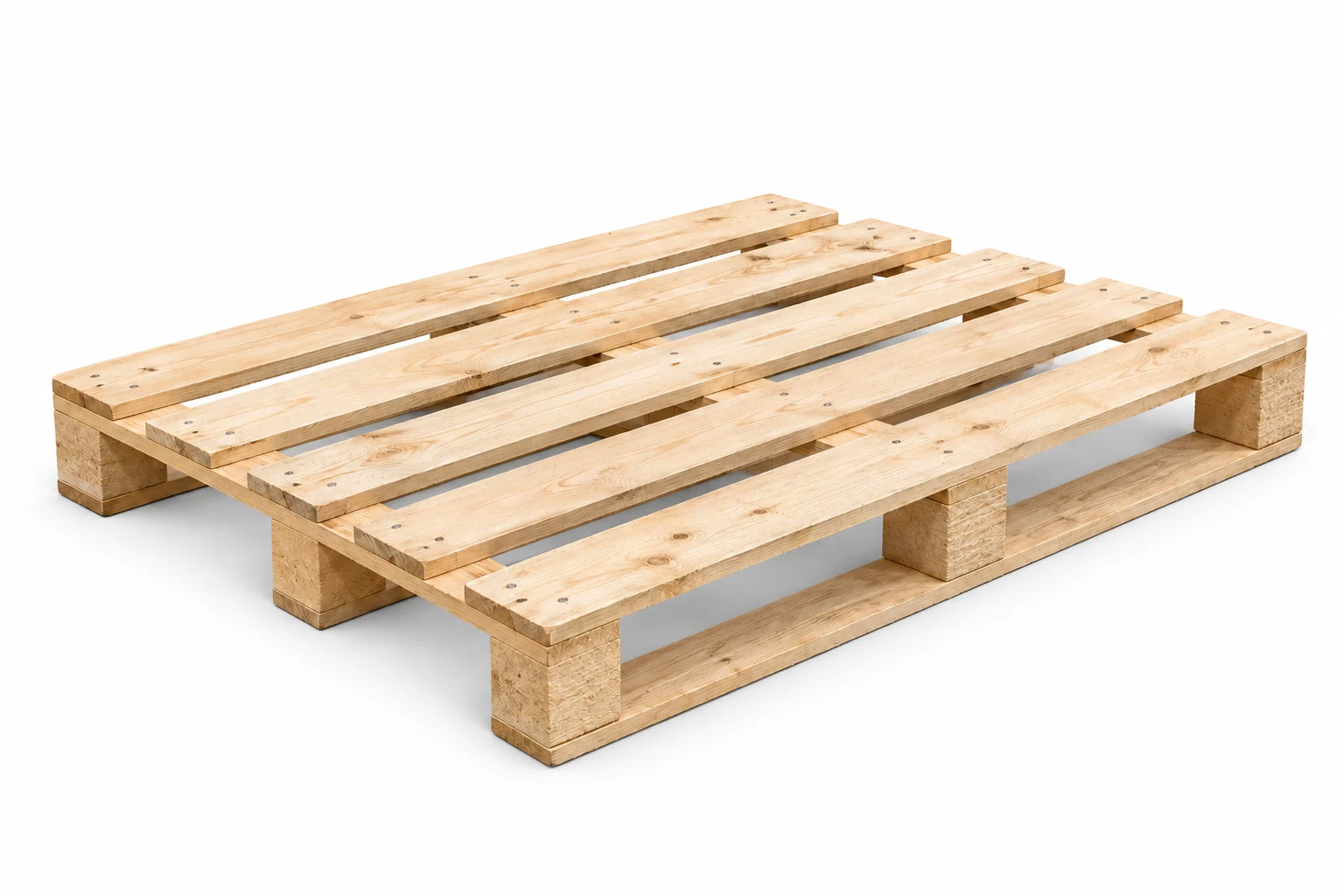 Light-Duty / Economy Wooden Pallets on a white background in a representative product illustration. Lighter timber sections for an economy design example. Noble Pallets & Packaging, Pakistan.