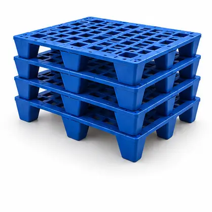 Stacked blue plastic pallets illustrating a nestable design. Noble Pallets & Packaging, Pakistan.