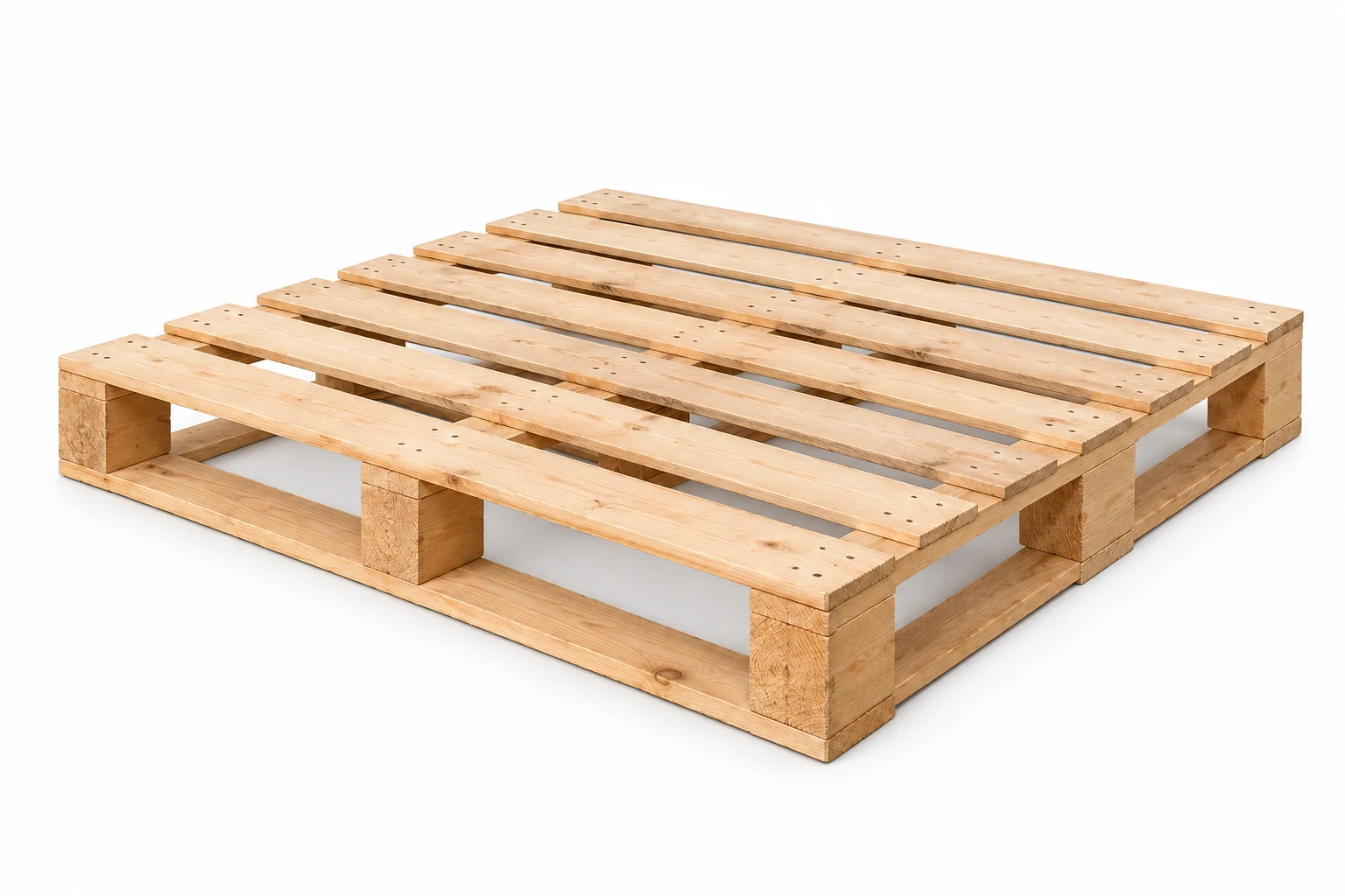 Representative one-way disposable wooden pallet with lightweight timber construction on a white background. Noble Pallets & Packaging, Pakistan.
