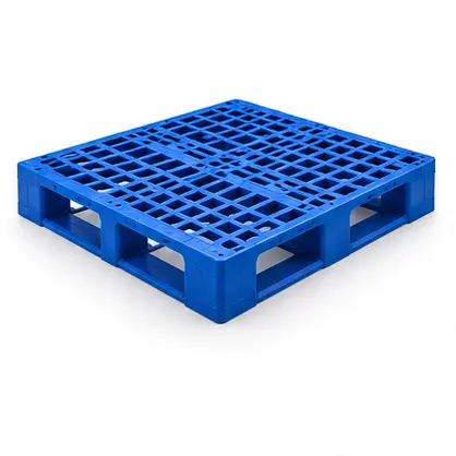 Blue plastic pallet with an open grid deck
