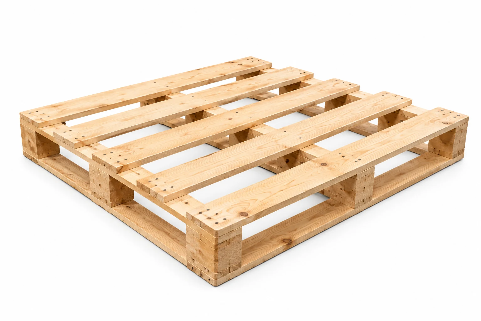 Open-Deck Wooden Pallets on a white background in a representative product illustration. Clearly spaced top boards leave visible gaps. Noble Pallets & Packaging, Pakistan.