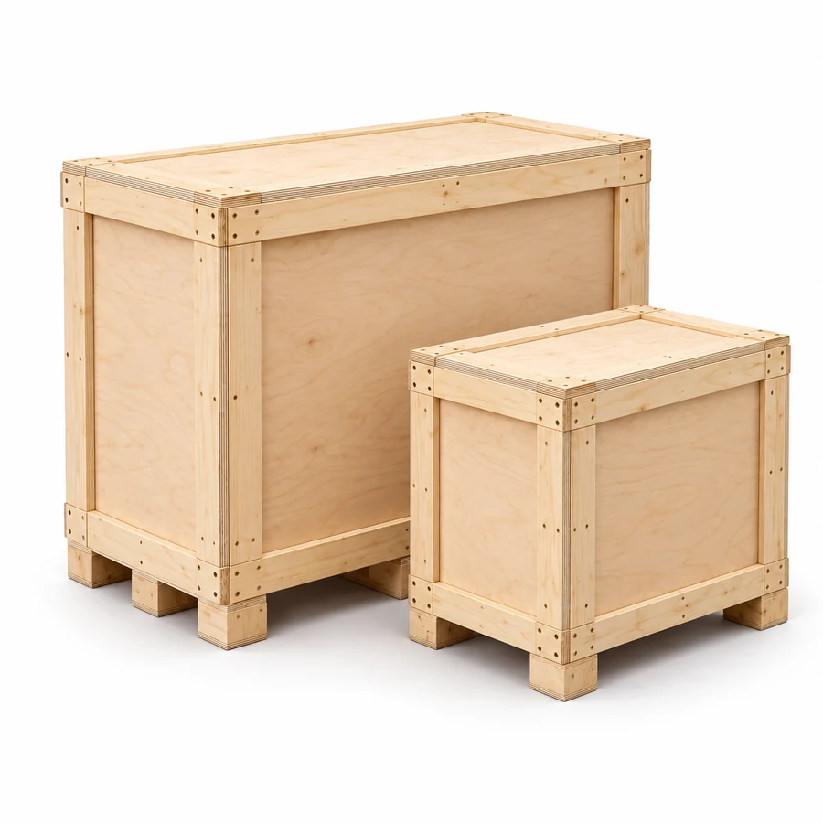 Two plywood shipping boxes with continuous sheet panels, laminated edges and timber forklift bases on white; representative product illustration