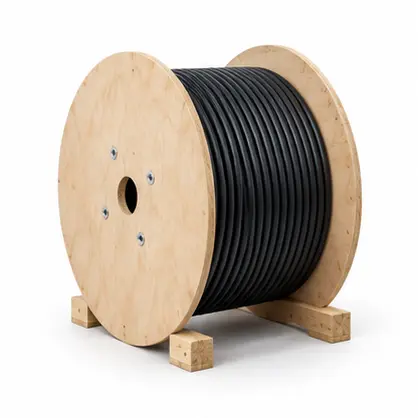Cable wound on a reel with circular plywood flanges