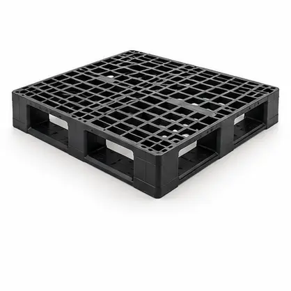 Black plastic pallet with an open deck and base supports. Noble Pallets & Packaging, Pakistan.