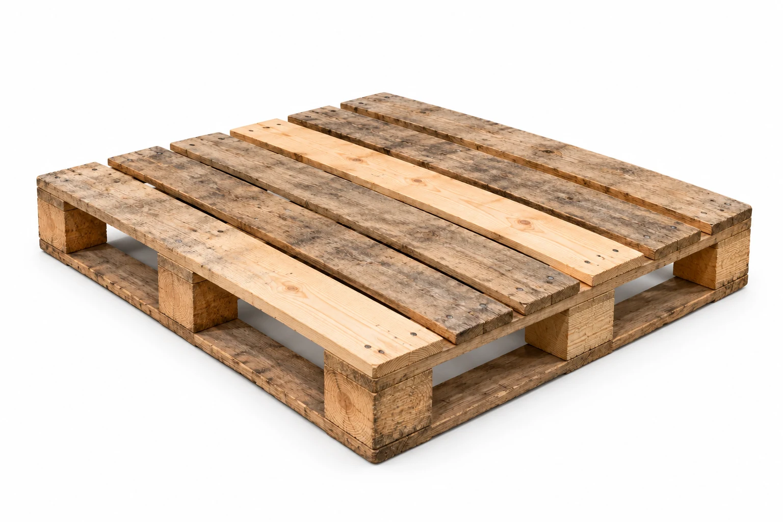 Reconditioned / Repaired Wooden Pallets on a white background in a representative product illustration. Replacement boards contrast with sound older components. Noble Pallets & Packaging, Pakistan.