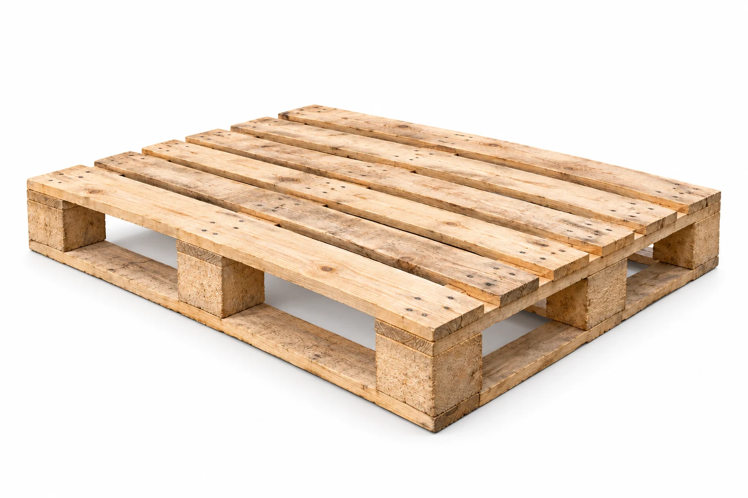 Representative returnable reusable wooden pallet with sturdy construction on a white background. Noble Pallets & Packaging, Pakistan.