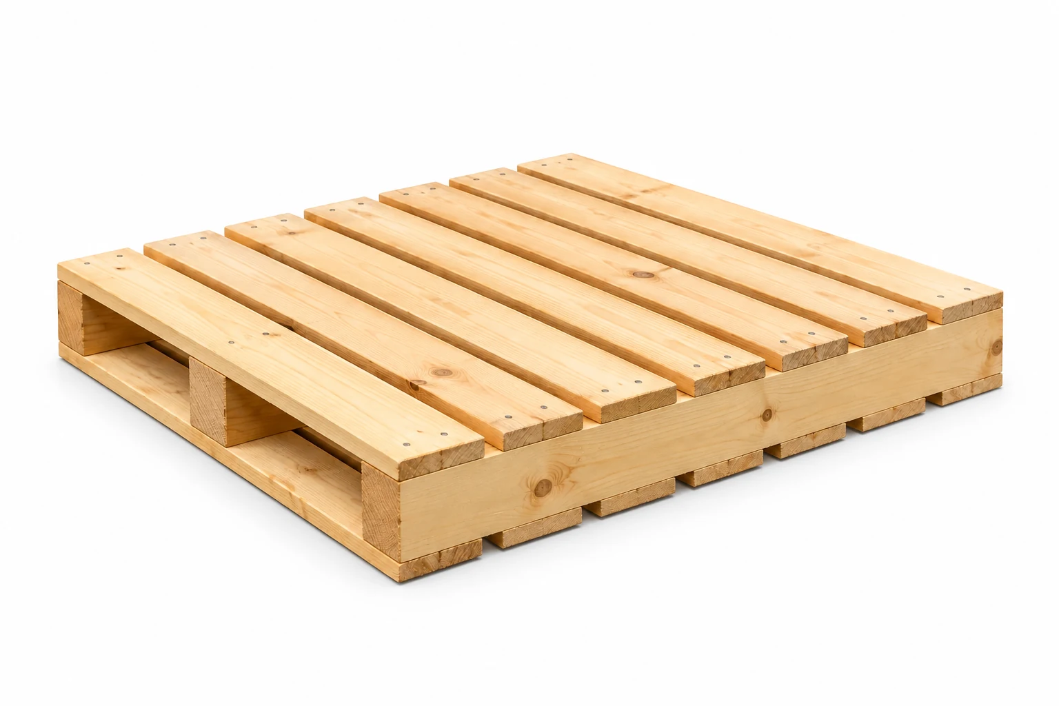 Reversible Wooden Pallets on a white background in a representative product illustration. Equivalent upper and lower decks shown in the detail view. Noble Pallets & Packaging, Pakistan.