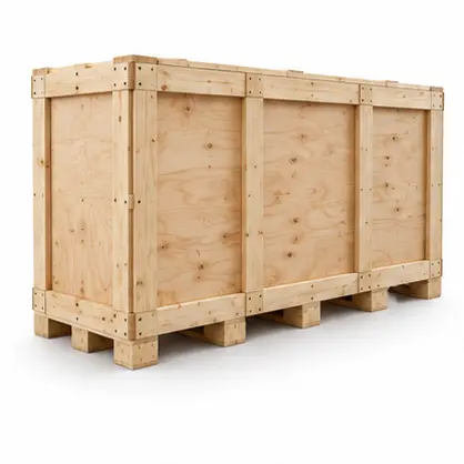Enclosed timber packing case on a pallet base, shown as an export packaging illustration. Noble Pallets & Packaging, Pakistan.