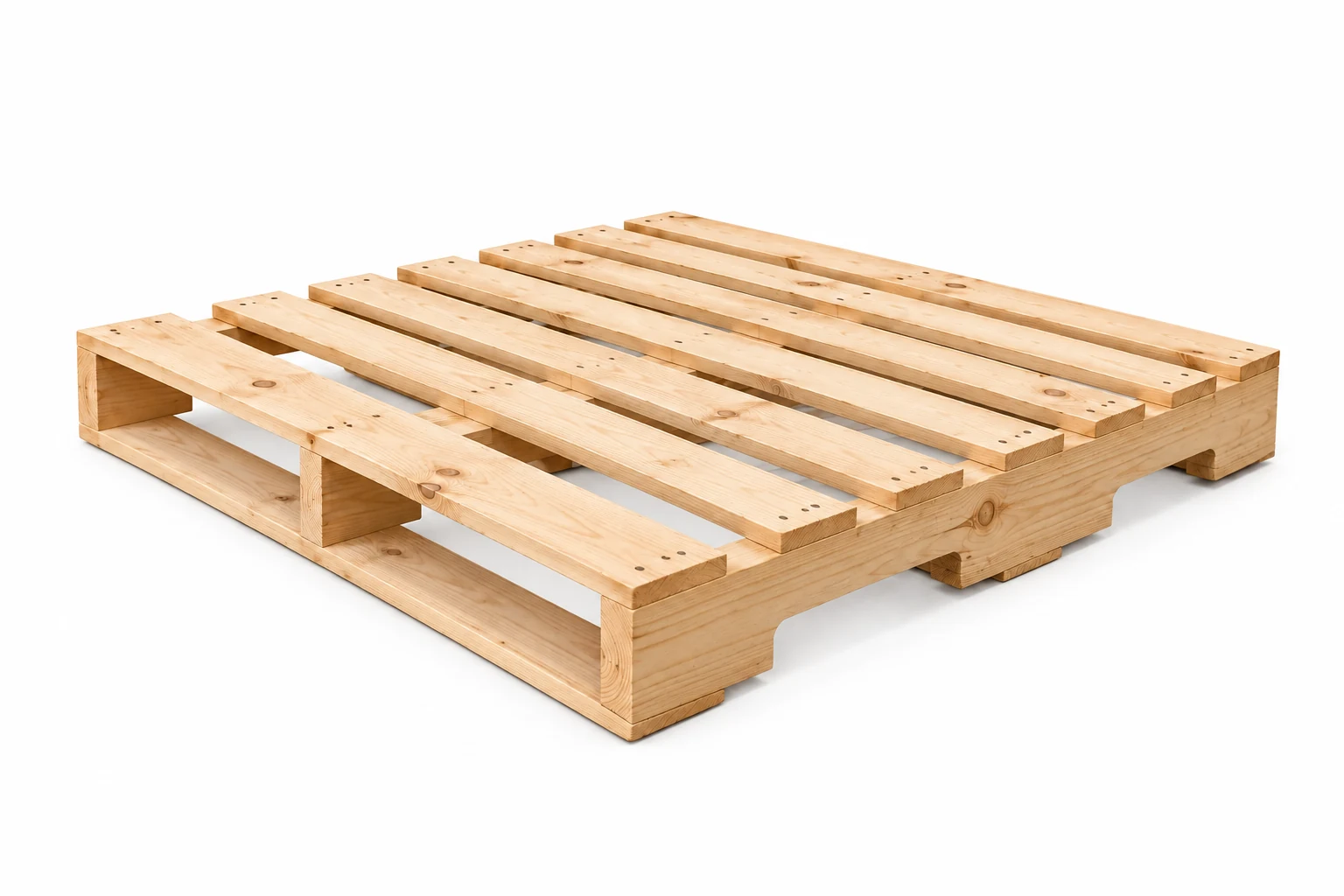 Stringer Wooden Pallets on a white background in a representative product illustration. Continuous lengthwise supports with side notches.