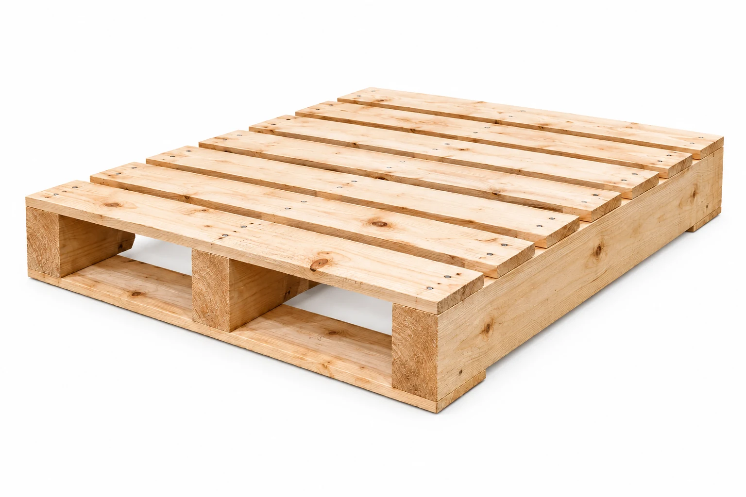 Two-Way Entry Wooden Pallets on a white background in a representative product illustration. Continuous non-notched supports; two opposing entry sides. Noble Pallets & Packaging, Pakistan.