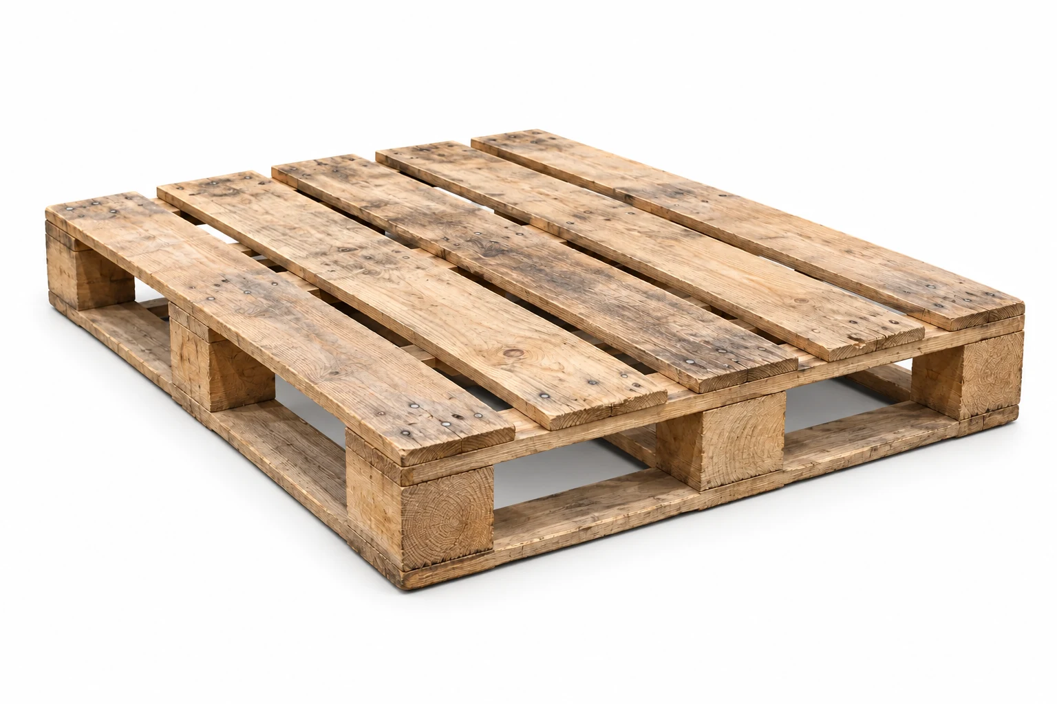 Used Wooden Pallets on a white background in a representative product illustration. Believable surface wear on an intact pallet example. Noble Pallets & Packaging, Pakistan.