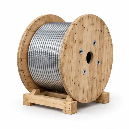 Cable wound on a wooden drum with circular timber flanges. Noble Pallets & Packaging, Pakistan.