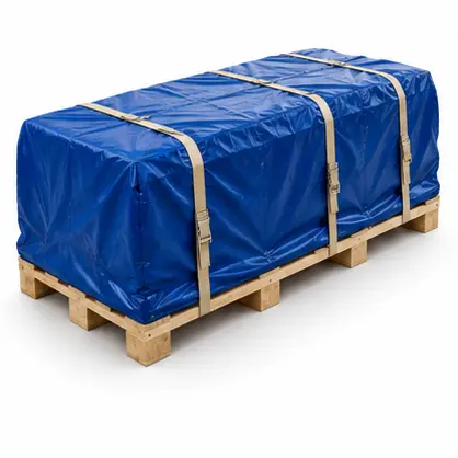 Cargo covered with a blue protective wrap and secured to a timber base