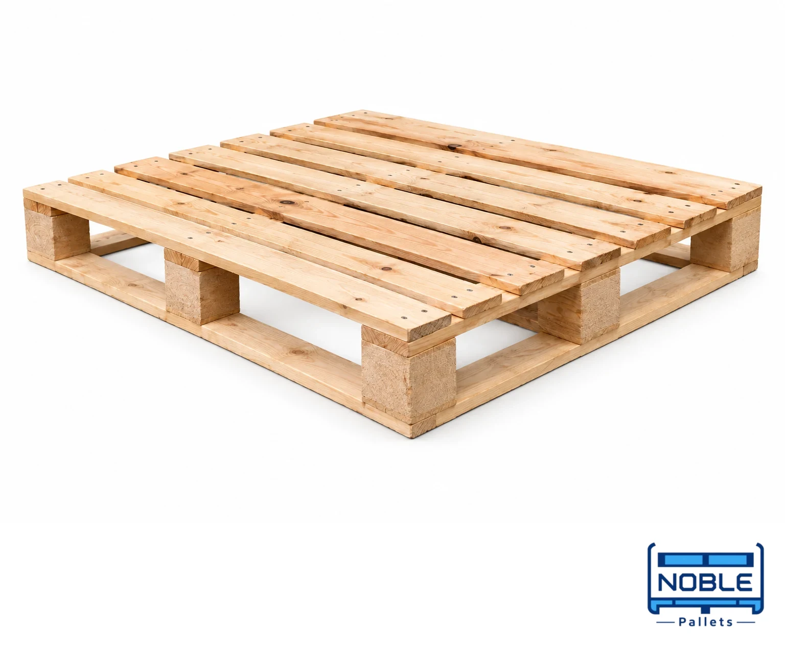 Block Wooden Pallets on a white background in a representative product illustration. Separate support blocks are visible beneath the upper deck. Noble Pallets & Packaging, Pakistan.