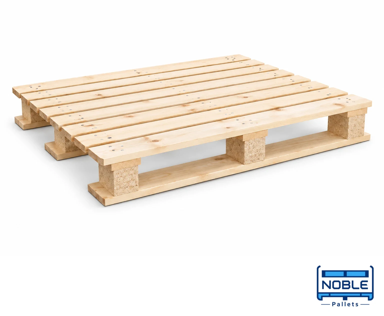 CP1 Wooden Pallet on a white background in a representative product illustration. 1200 x 1000 mm reference. Three separate lower runners. Noble Pallets & Packaging, Pakistan.