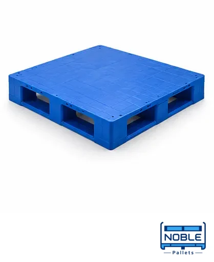 Blue plastic pallet with a covered top deck and fork entry openings. Noble Pallets & Packaging, Pakistan.