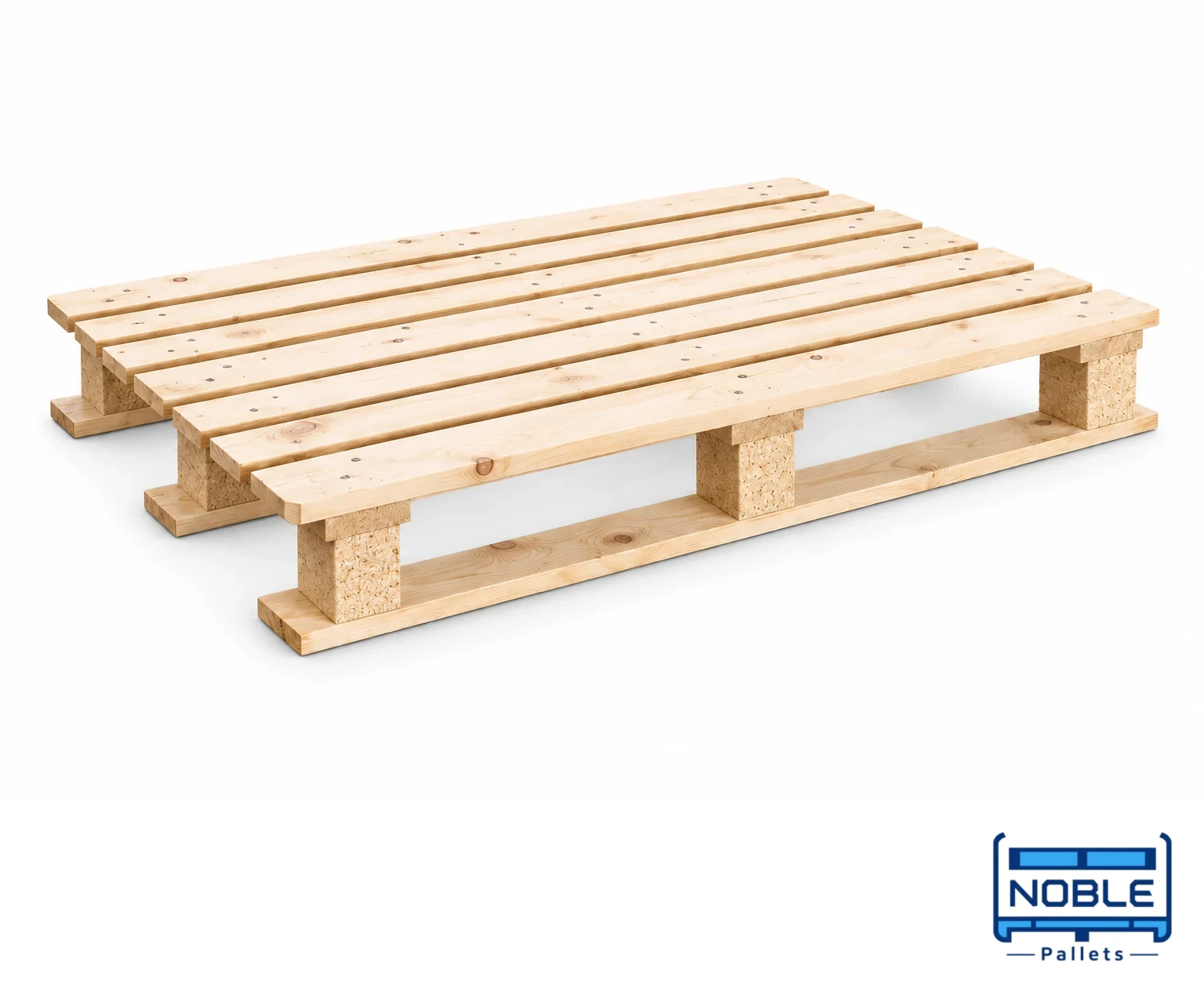 CP2 Wooden Pallet on a white background in a representative product illustration. 1200 x 800 mm reference. Three separate lower runners.