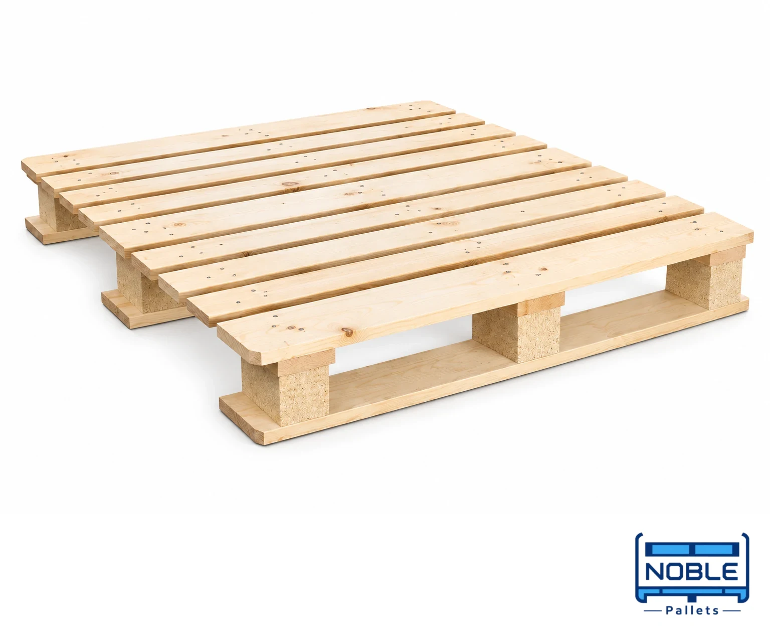 CP3 Wooden Pallet on a white background in a representative product illustration. 1140 x 1140 mm reference. Three separate lower runners.