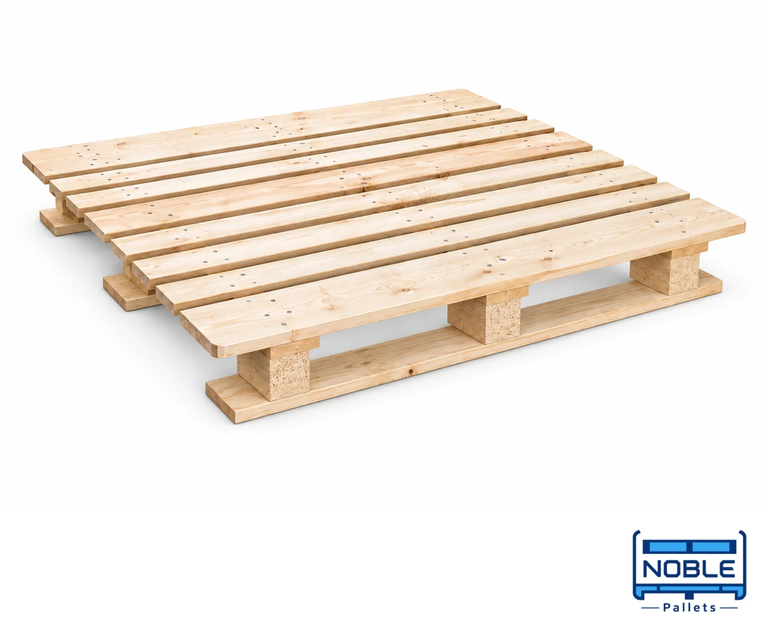 CP4 Wooden Pallet on a white background in a representative product illustration. 1300 x 1100 mm reference. Three separate lower runners.