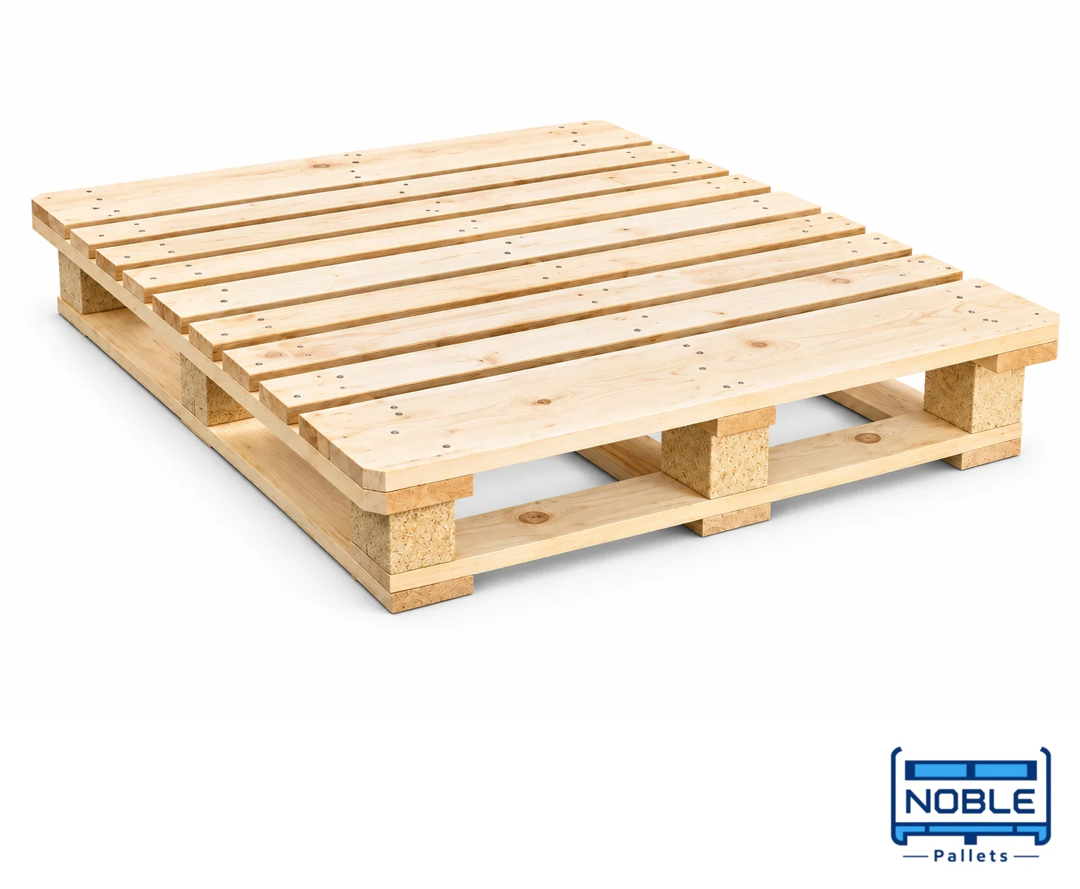 CP6 Wooden Pallet on a white background in a representative product illustration. 1200 x 1000 mm reference. Connected perimeter base.