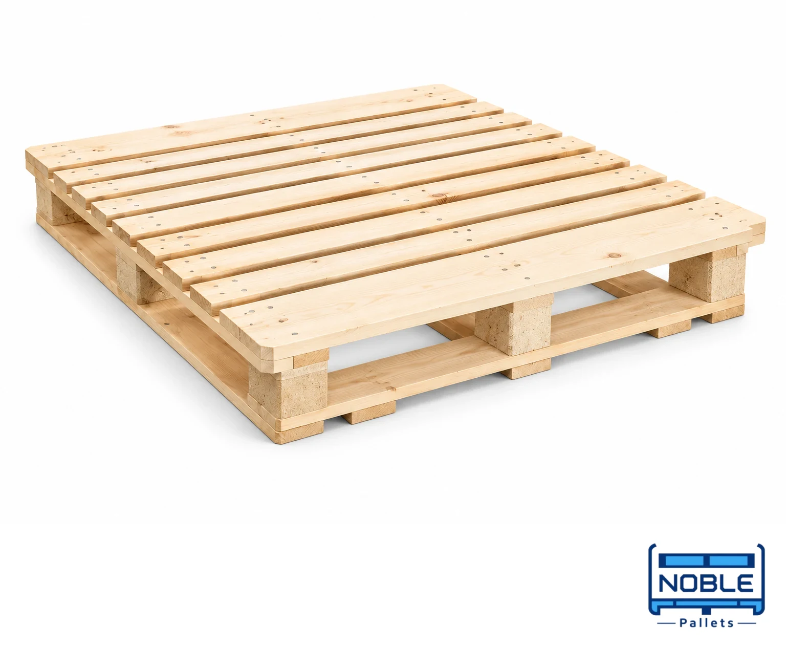 CP7 Wooden Pallet on a white background in a representative product illustration. 1300 x 1100 mm reference. Connected perimeter base.