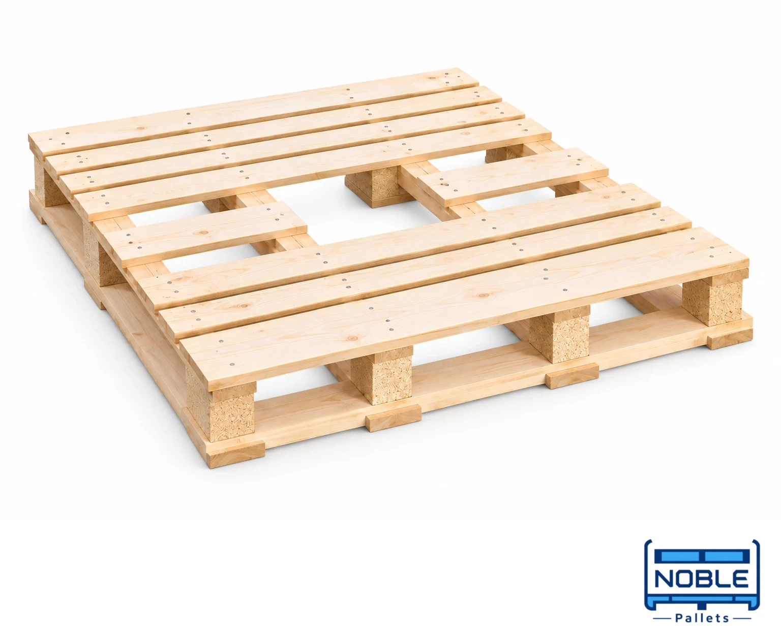 CP8 Wooden Pallet on a white background in a representative product illustration. 1140 x 1140 mm reference. Connected perimeter base; central discharge opening.