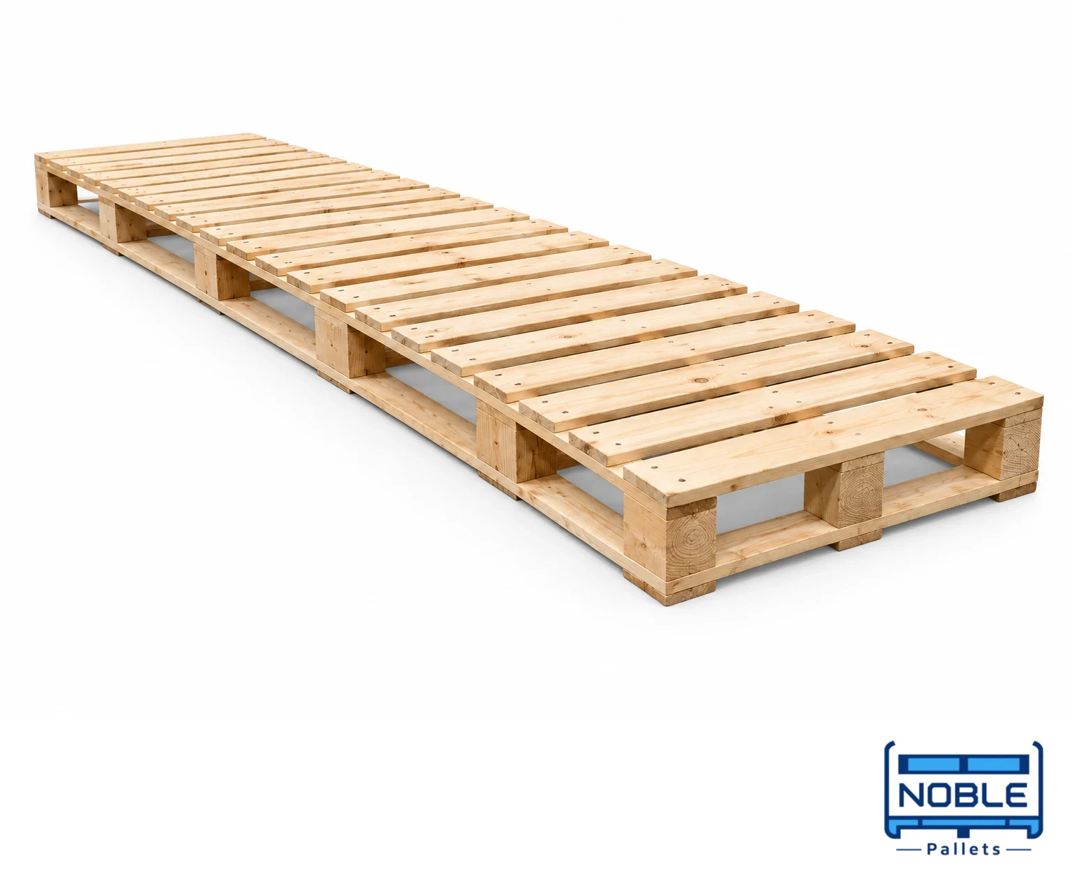 Custom-Size Wooden Pallets on a white background in a representative product illustration. Long rectangular footprint illustrates a custom-size order. Noble Pallets & Packaging, Pakistan.