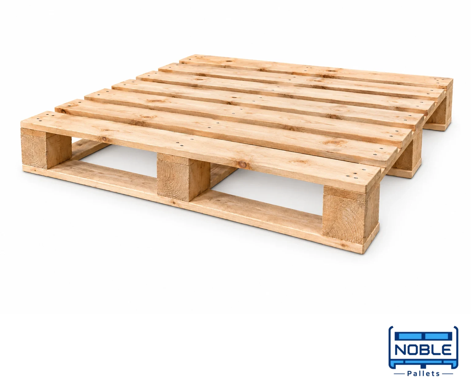 Double-Deck Wooden Pallets on a white background in a representative product illustration. Upper deck and a different lower base arrangement. Noble Pallets & Packaging, Pakistan.