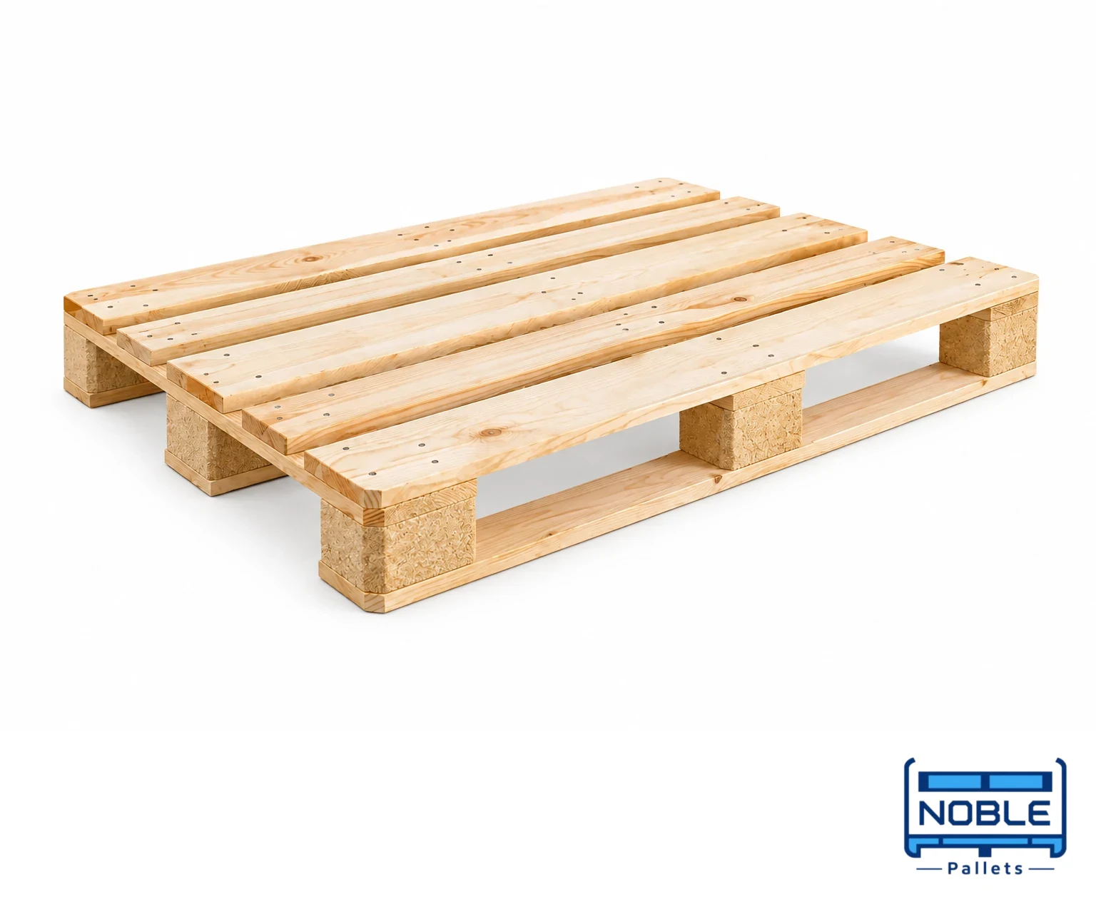 Euro-Style Wooden Pallets on a white background in a representative product illustration. 1200 x 800 mm reference; five top boards and block supports. Noble Pallets & Packaging, Pakistan.
