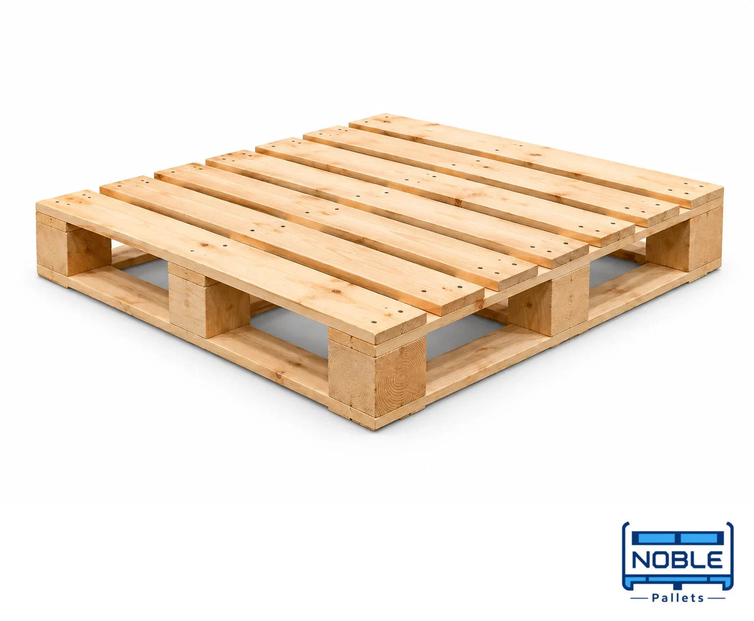 Representative export wooden pallet with a clean timber construction on a white background. Noble Pallets & Packaging, Pakistan.