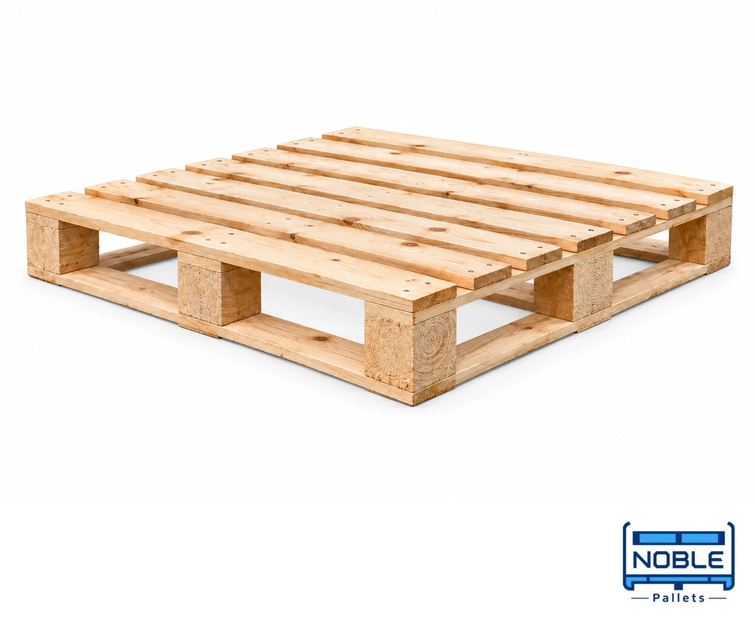 Four-Way Entry Wooden Pallets on a white background in a representative product illustration. Block supports leave openings on adjacent sides. Noble Pallets & Packaging, Pakistan.