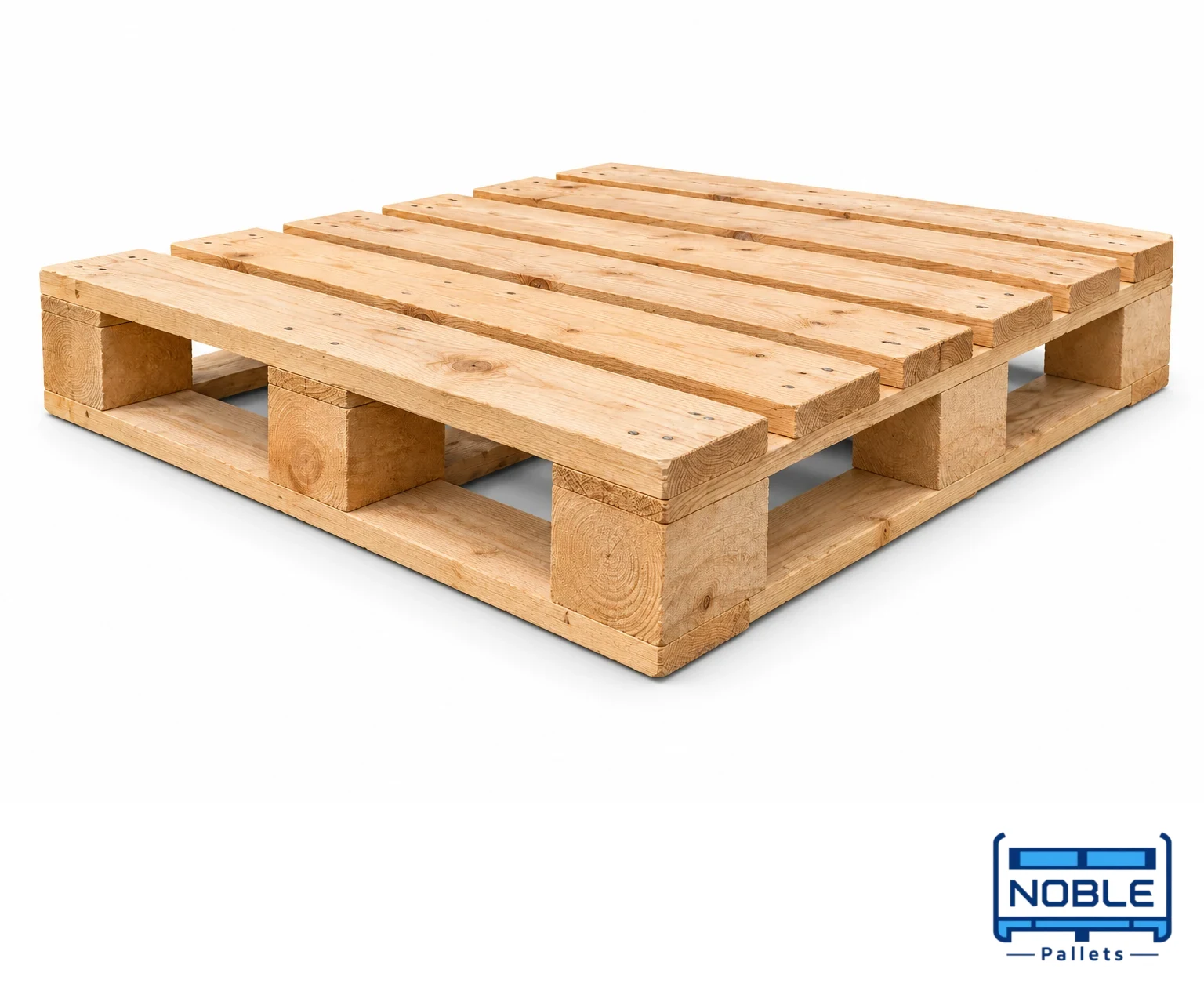 Heavy-Duty Wooden Pallets on a white background in a representative product illustration. Substantial timber components and supporting structure. Noble Pallets & Packaging, Pakistan.