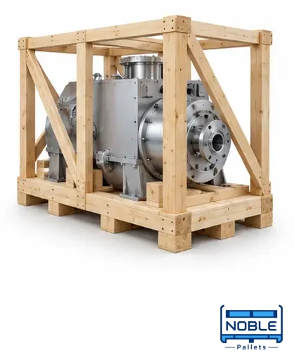 Machinery supported inside a braced timber packing frame. Noble Pallets & Packaging, Pakistan.